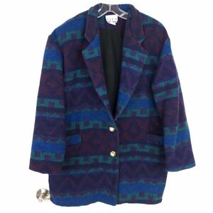 VINTAGE Southwestern Boho Blanket Wool Blazer Jacket Blue Purple Size L